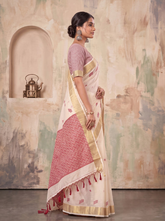 Cream Linen Saree With Blouse Piece