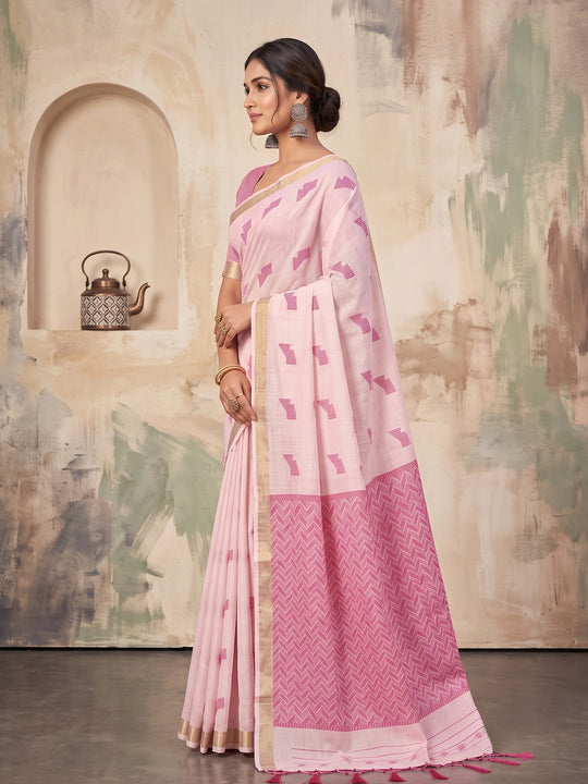 Light Pink Linen Saree With Blouse Piece
