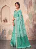 Teal Green Linen Saree With Blouse Piece
