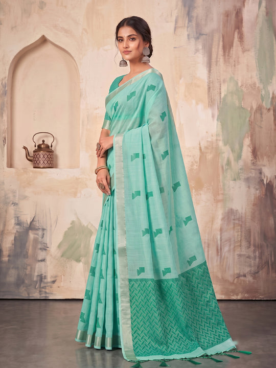 Teal Green Linen Saree With Blouse Piece