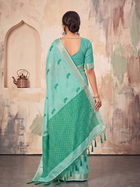 Teal Green Linen Saree With Blouse Piece