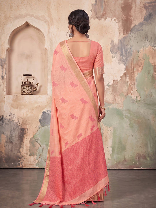 Peach Linen Saree With Blouse Piece