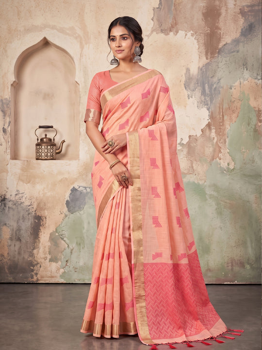 Peach Linen Saree With Blouse Piece