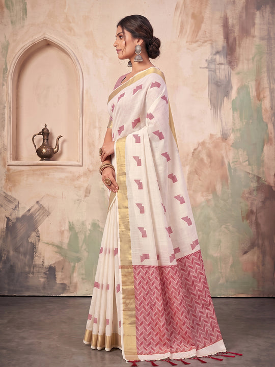 White Linen Saree With Blouse Piece