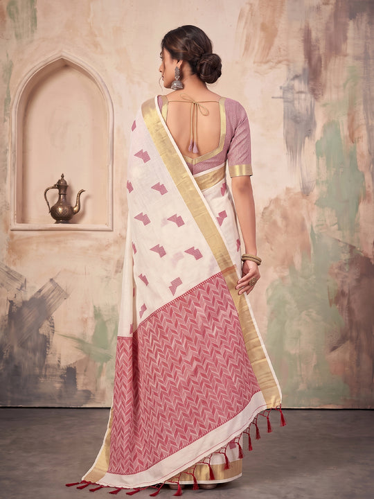 White Linen Saree With Blouse Piece