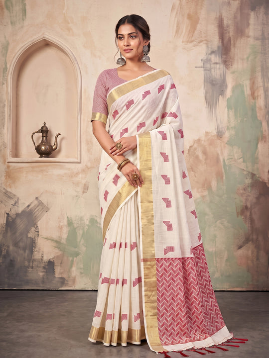 White Linen Saree With Blouse Piece