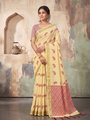 Light Yellow Linen Saree With Blouse Piece