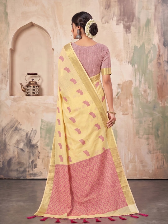 Light Yellow Linen Saree With Blouse Piece