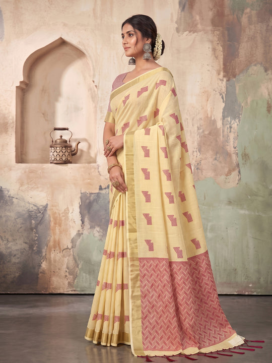 Light Yellow Linen Saree With Blouse Piece