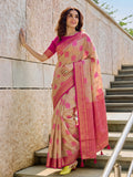 Beige & Pink Linen Cotton Saree With Blouse Piece