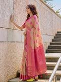 Beige & Pink Linen Cotton Saree With Blouse Piece