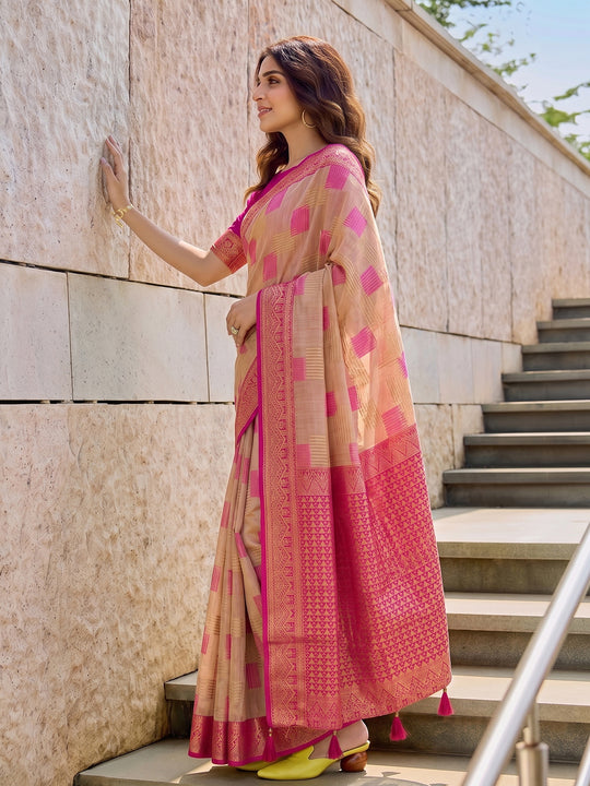 Beige & Pink Linen Cotton Saree With Blouse Piece