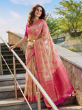 Beige & Pink Linen Cotton Saree With Blouse Piece