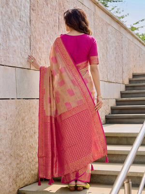 Beige & Pink Linen Cotton Saree With Blouse Piece