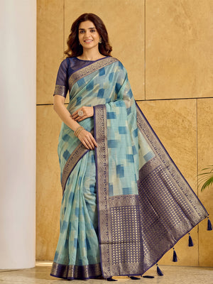 Sky Blue Linen Cotton Saree With Blouse Piece
