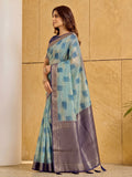 Sky Blue Linen Cotton Saree With Blouse Piece