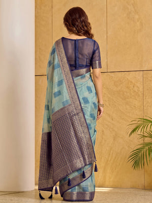 Sky Blue Linen Cotton Saree With Blouse Piece