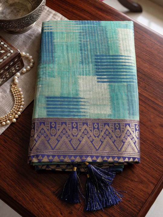 Sky Blue Linen Cotton Saree With Blouse Piece
