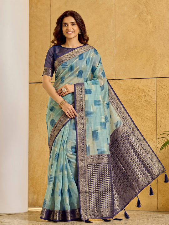 Sky Blue Linen Cotton Saree With Blouse Piece