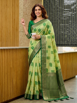 Light Green Linen Cotton Saree With Blouse Piece