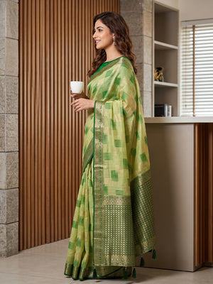 Light Green Linen Cotton Saree With Blouse Piece
