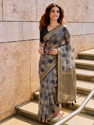 Grey Linen Cotton Saree With Blouse Piece