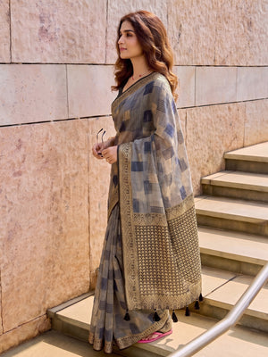 Grey Linen Cotton Saree With Blouse Piece