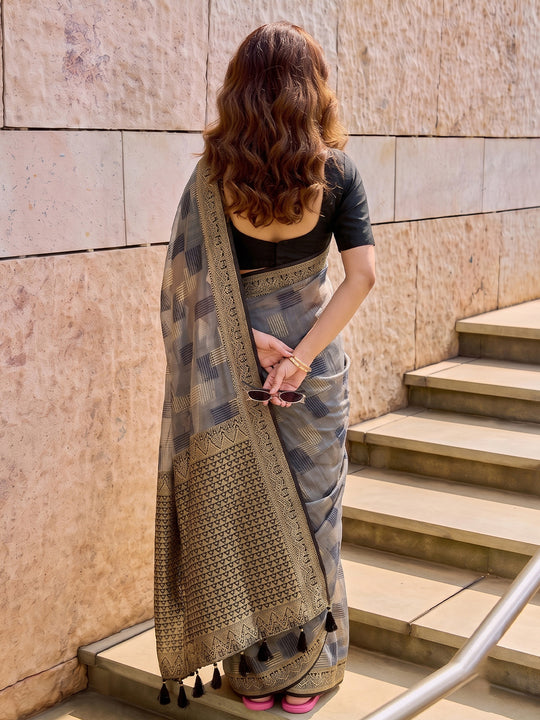 Grey Linen Cotton Saree With Blouse Piece