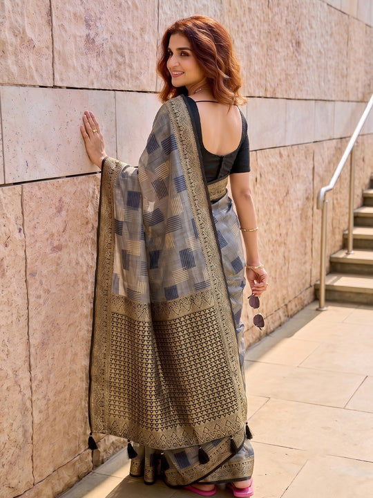 Grey Linen Cotton Saree With Blouse Piece