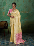 YELLOW WITH PINK Linen Cotton SILK Saree With Blouse Piece