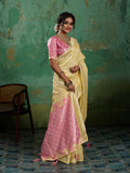 YELLOW WITH PINK Linen Cotton SILK Saree With Blouse Piece