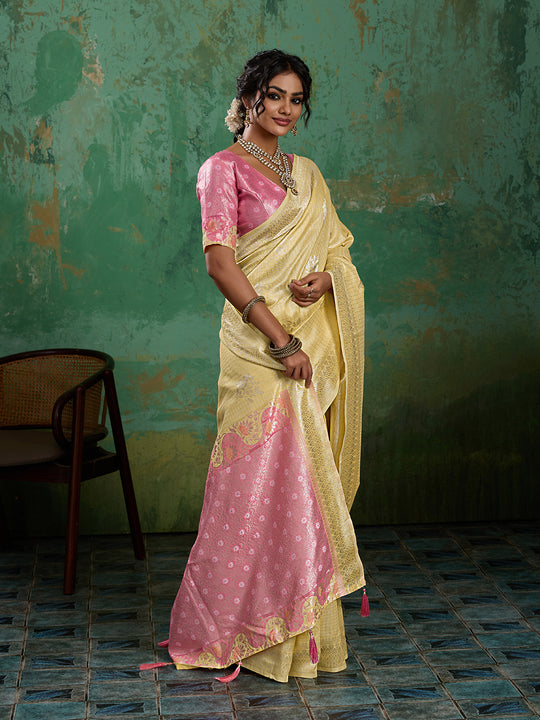 YELLOW WITH PINK Linen Cotton SILK Saree With Blouse Piece