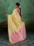 YELLOW WITH PINK Linen Cotton SILK Saree With Blouse Piece
