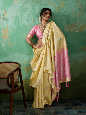 YELLOW WITH PINK Linen Cotton SILK Saree With Blouse Piece