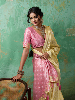 YELLOW WITH PINK Linen Cotton SILK Saree With Blouse Piece