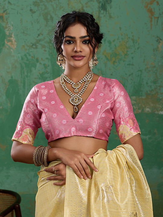 YELLOW WITH PINK Linen Cotton SILK Saree With Blouse Piece