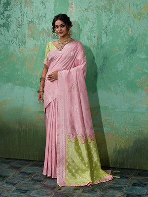 LIGHT PINK WITH OLIVE GREEN Linen Cotton Saree With Blouse Piece