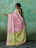 LIGHT PINK WITH OLIVE GREEN Linen Cotton Saree With Blouse Piece
