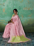 LIGHT PINK WITH OLIVE GREEN Linen Cotton Saree With Blouse Piece