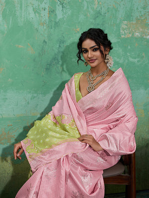 LIGHT PINK WITH OLIVE GREEN Linen Cotton Saree With Blouse Piece