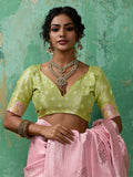 LIGHT PINK WITH OLIVE GREEN Linen Cotton Saree With Blouse Piece