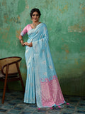 SKY BLUE WITH PINK Linen Cotton Saree With Blouse Piece