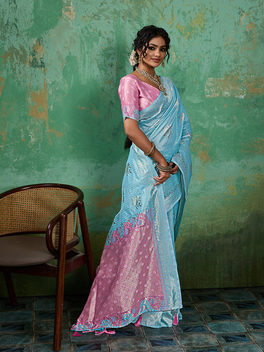 SKY BLUE WITH PINK Linen Cotton Saree With Blouse Piece