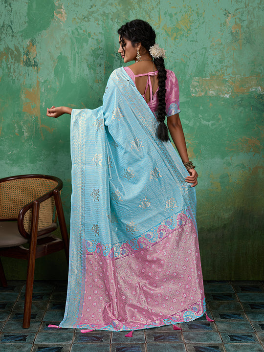 SKY BLUE WITH PINK Linen Cotton Saree With Blouse Piece