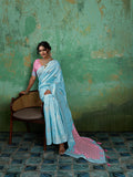 SKY BLUE WITH PINK Linen Cotton Saree With Blouse Piece