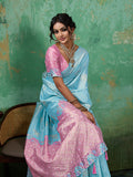 SKY BLUE WITH PINK Linen Cotton Saree With Blouse Piece