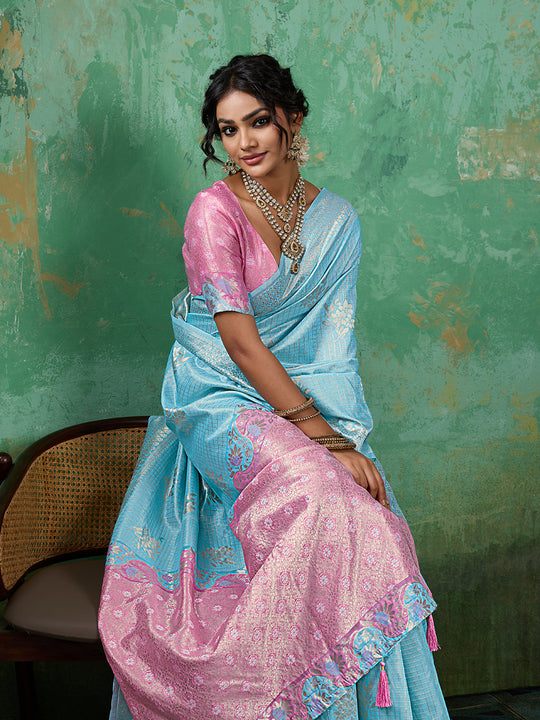 SKY BLUE WITH PINK Linen Cotton Saree With Blouse Piece