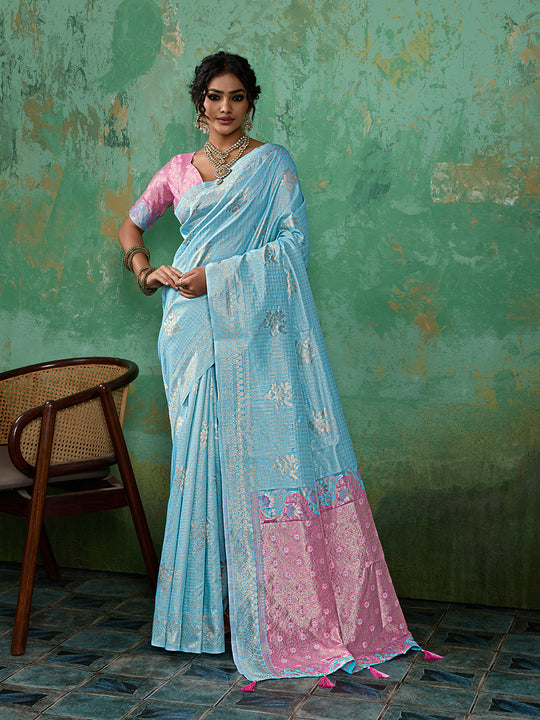 SKY BLUE WITH PINK Linen Cotton Saree With Blouse Piece