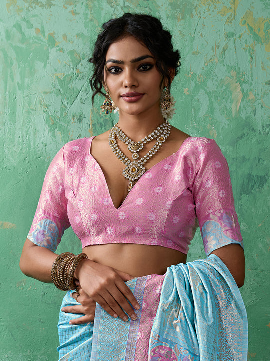 SKY BLUE WITH PINK Linen Cotton Saree With Blouse Piece