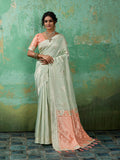 RAMA GREEN WITH PEACH Linen Cotton Saree With Blouse Piece
